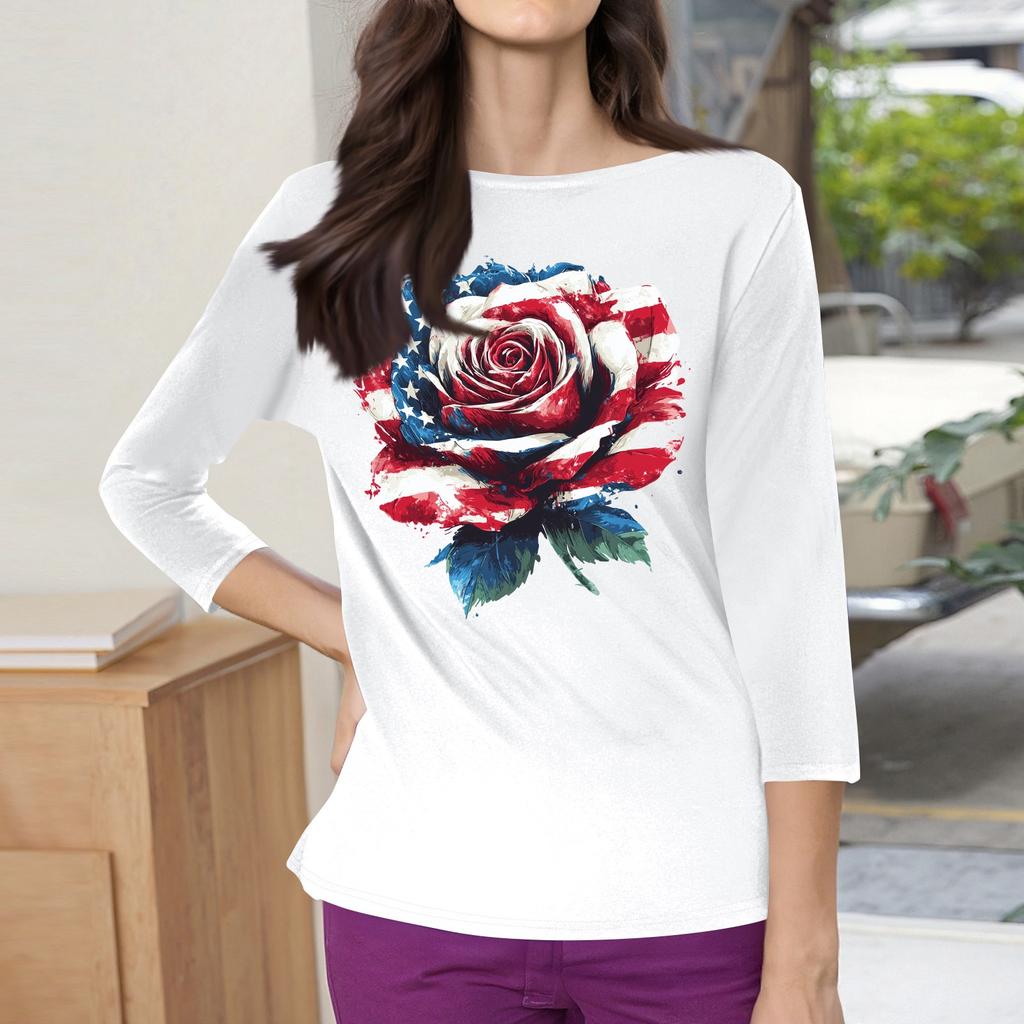 3/4 Sleeve Tops For Women T-Shirt Casual Print Tops T Shirt Round Neck Pullover Blouse