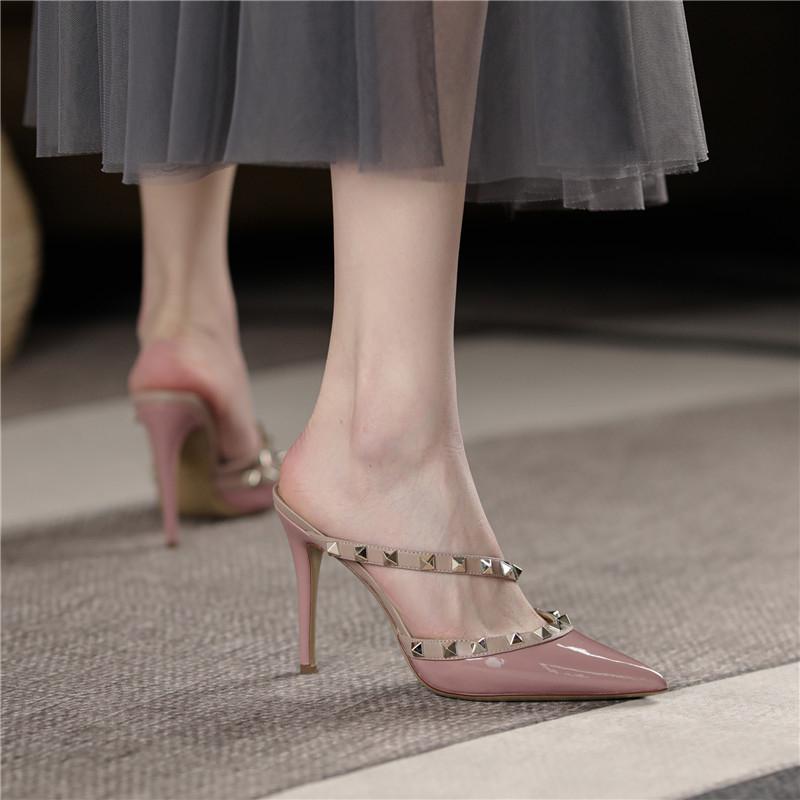 Новые женские летние туфли на высоком каблуке, мюли, тапочки, женские туфли с заостренными кончиками, сексуальные заклепки, уличные туфли, женские модные сандалии, Zapatos Mujer
