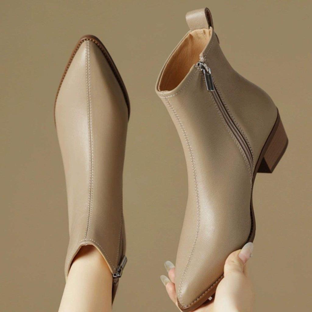 Soft Leather Pointed Short Boots Women's French Retro Autumn and Winter New Soft Leather Bare Boots Low Thick Heel Single Boots Winter High Heels Wome