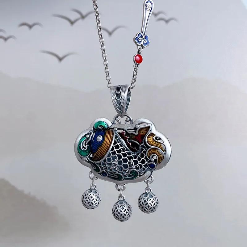 Новинка Классика Ожерелье с кисточкой в виде лотоса и рыбы карпа для женщин Этнический стиль Синий лотос Двусторонний кулон Ювелирное изделие в подарок