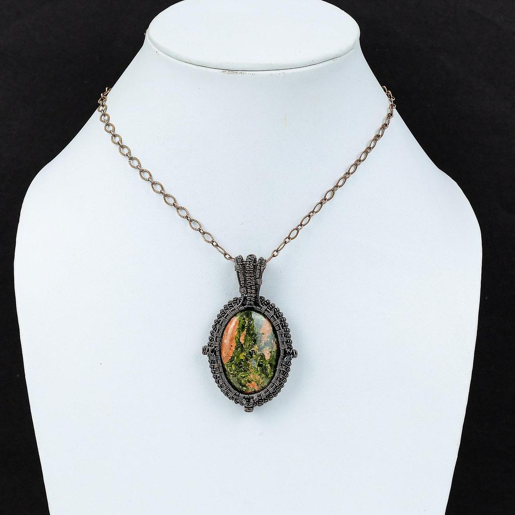 Кулон из унакита, кулон в медной проволоке, ювелирные изделия из унакита, кулон с драгоценным камнем, красивые медные украшения, женский специальный подарок, кулон ручной работы