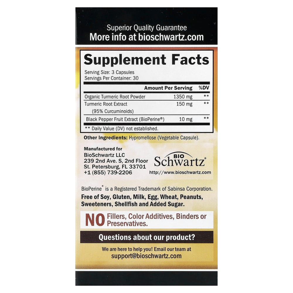 BioSchwartz Turmeric Curcumin with Bioperine 1500mg per Serving (500mg per Capsule) 90 Count