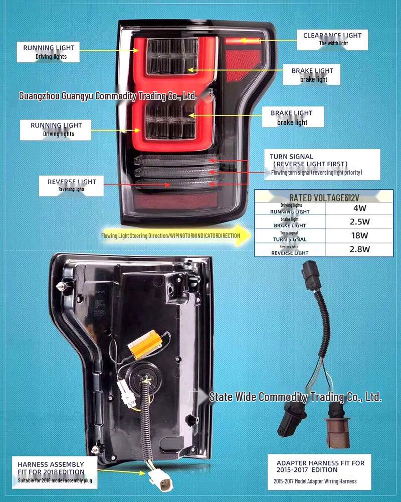 Compatible LED Taillight Assembly for Ford F150 Raptor (2015-2020) - Brake, Turn Signal, and Reverse Lights