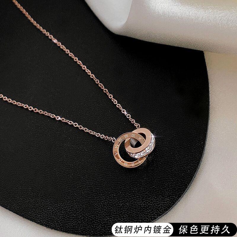 Titanium Steel Roman Numerals Double Ring Necklace Women'S Light Luxury Design Sense Collarbone Chain Neck Chain Accessories Do Not Fade