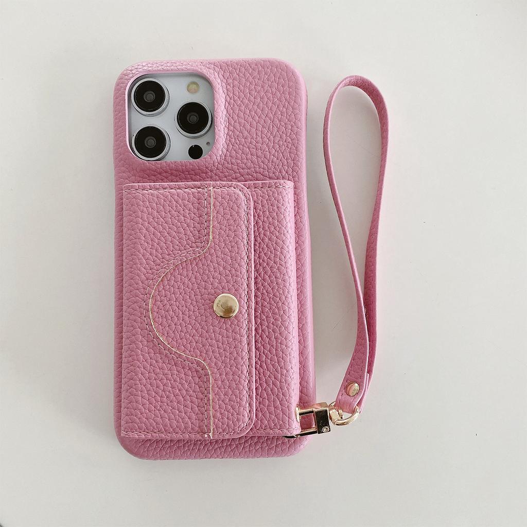 Luxury Litchi Peel Pattern PU Leather Case For iPhone 15 14 13 12 11 Pro Max Small Mirror Card Holder Lanyard Wallet Cover
