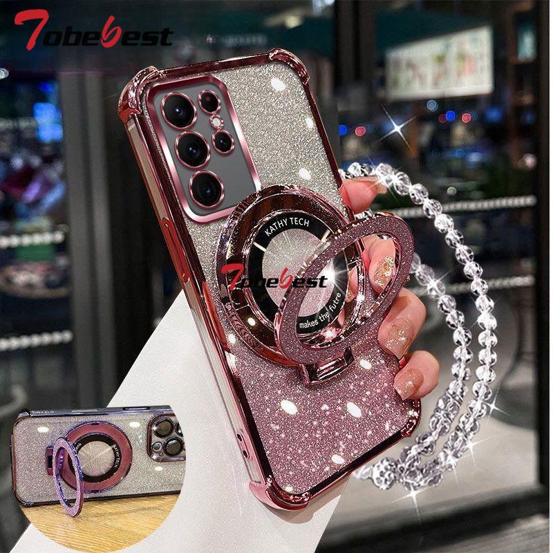 Противоударный чехол-подставка для телефона с кристальным браслетом с блестящим покрытием для Samsung Galaxy S25 S24 S23 S22 S21 S20 Ultra Plus FE