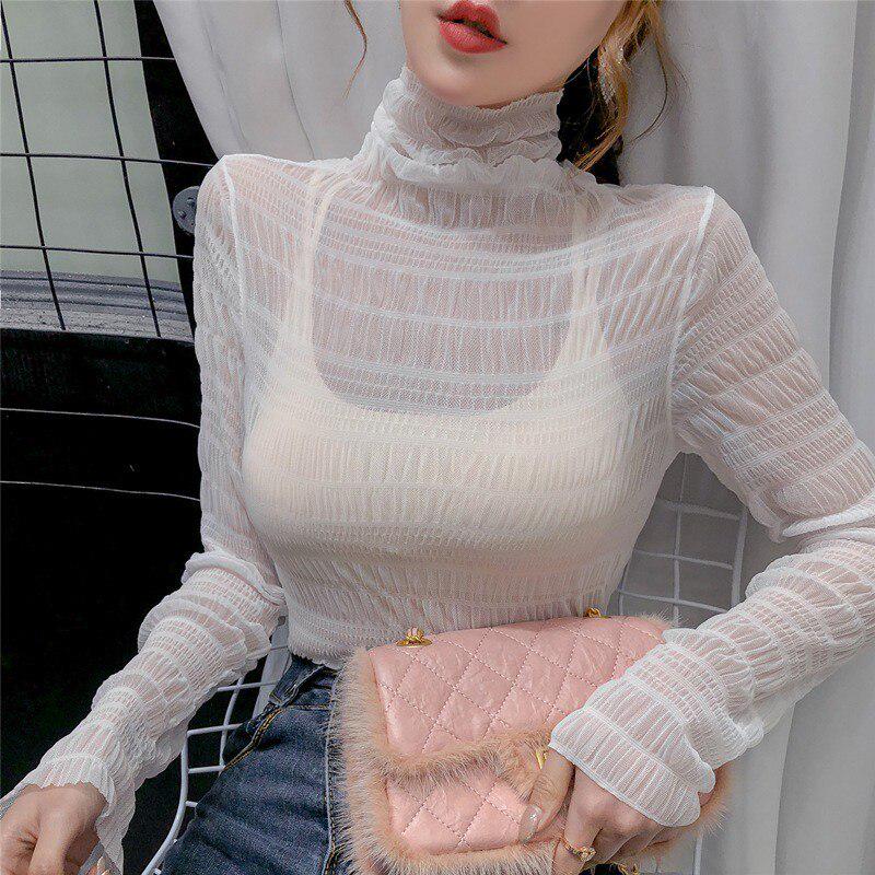 Женская весенняя сексуальная футболка, прозрачная женская водолазка с длинным рукавом, элегантная женская однотонная футболка Femme