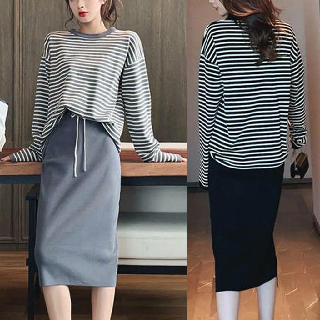 Lady Fashion Women Long Sleeve Split 2 Piece Set Casual Stripe Outfit Skirt