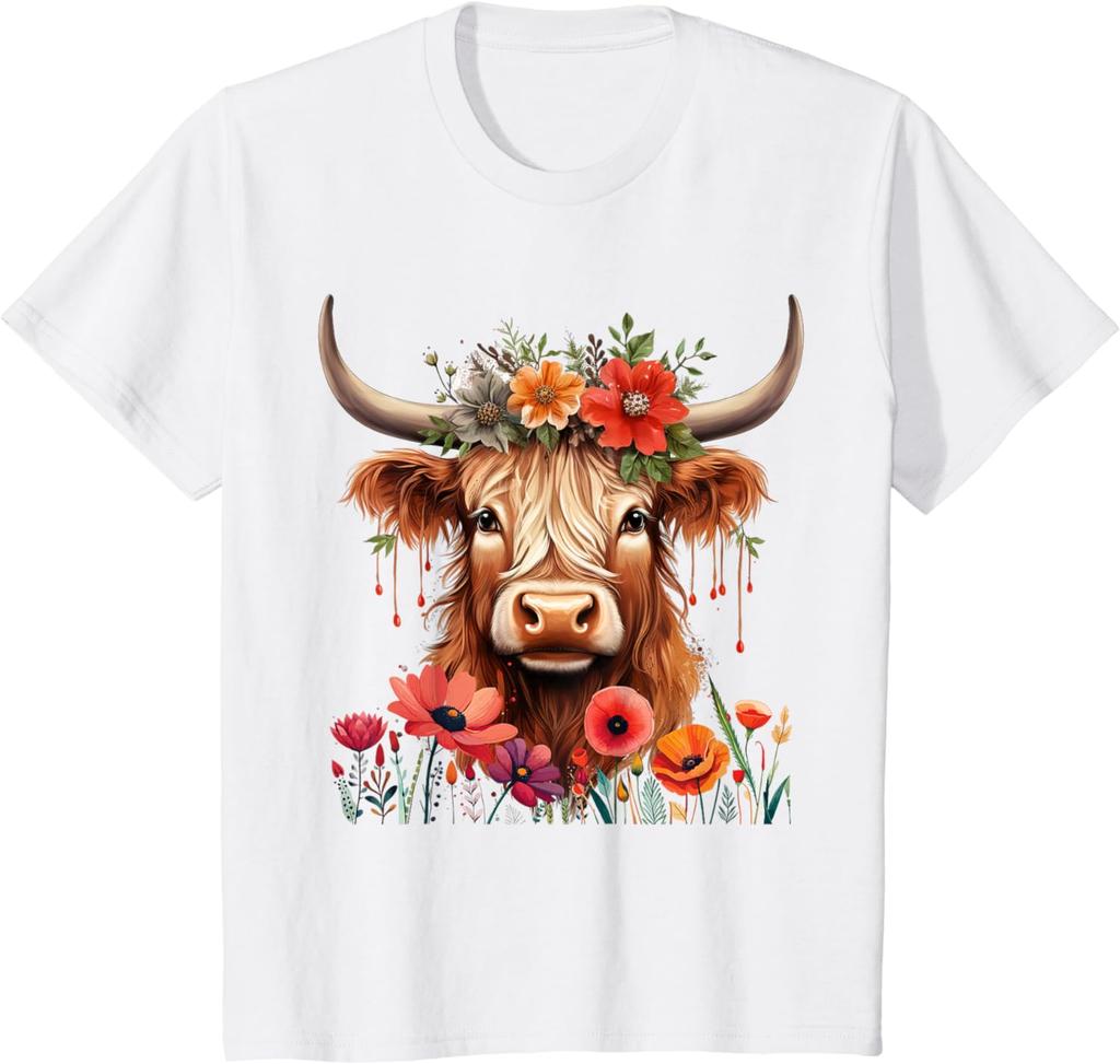 Cute Animal Cow Baby Highland Cow with Flowers Calf Women T-Shirt