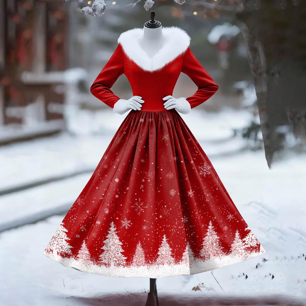 Женское повседневное платье с длинным рукавом, V-образным вырезом, лоскутным флисом и рождественским принтом