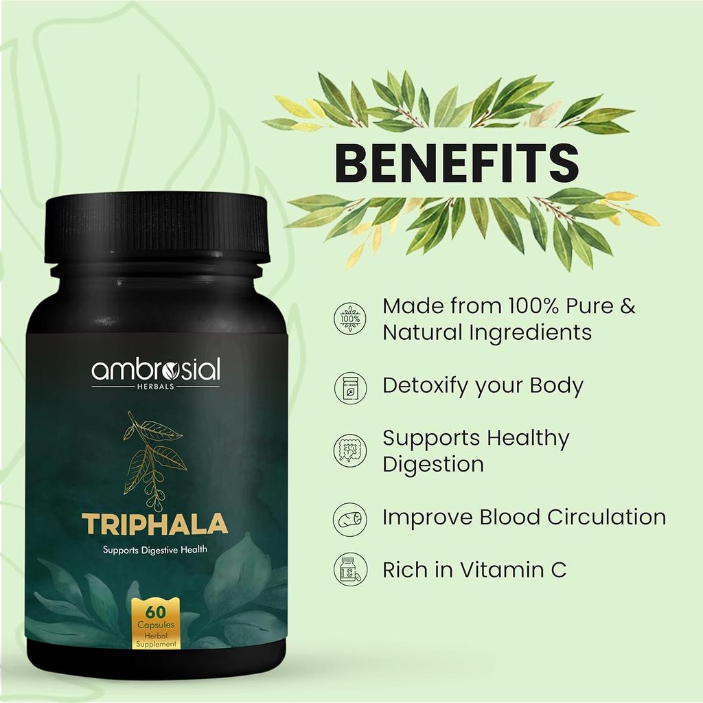 AMBROSIAL Трифала таблетки Смесь 3 натуральных трав в порошке Трифала Пищеварительные ферменты Избавление от запоров Пищеварение (Упаковка 1-60 капсул)