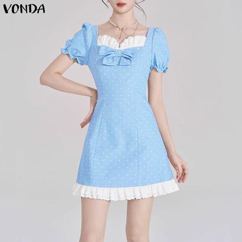 VONDA Женское повседневное мини-платье с квадратным вырезом, короткими рукавами-буфами, бантом и принтом в горошек