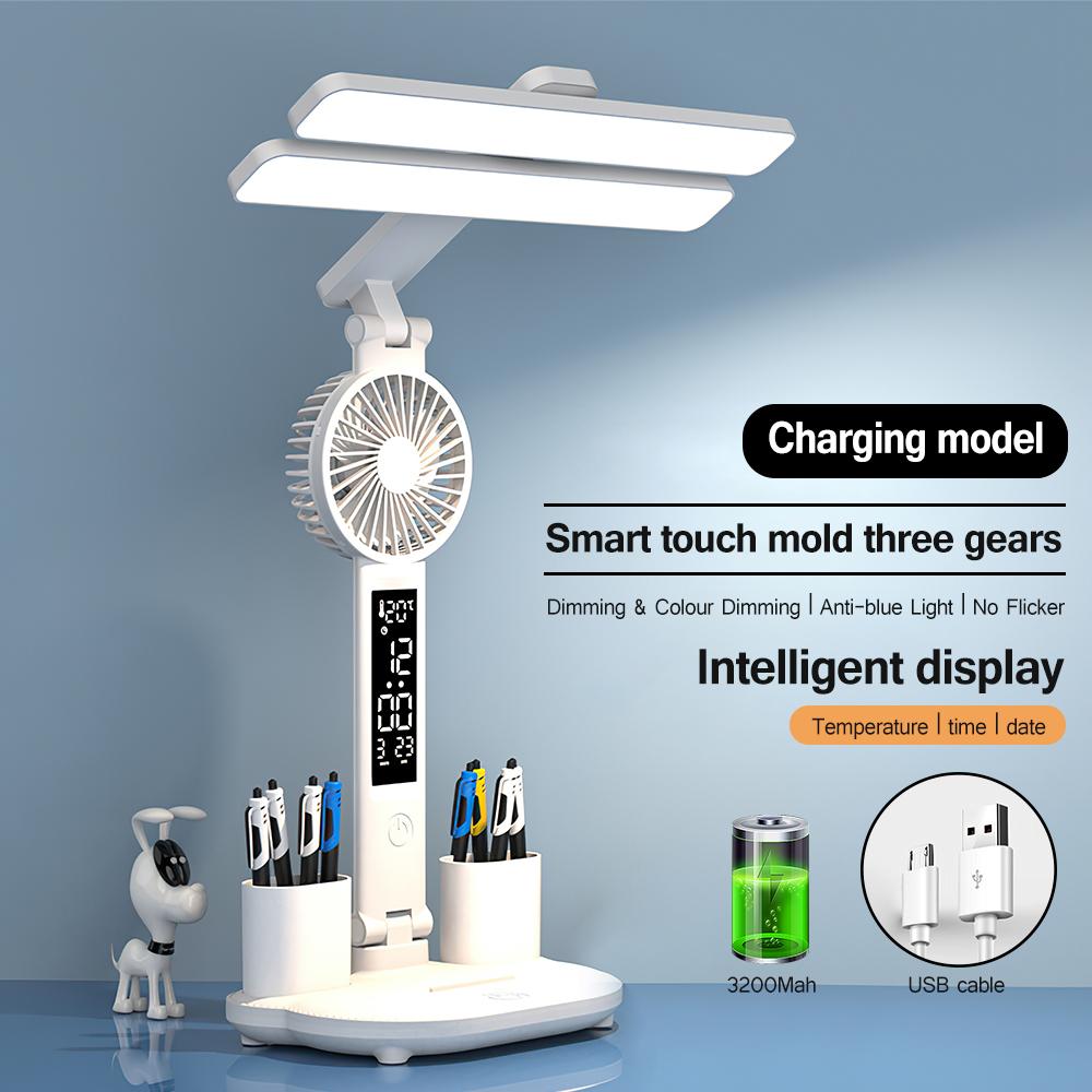 Двойная светодиодная настольная лампа многофункциональный ночник с календарем, часами, температурным вентилятором, держателем для ручек, настольным светильником для дома