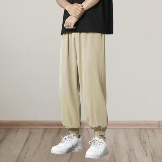 Мужские летние спортивные штаны с эластичной резинкой на талии, карманы на шнурке, сплошной цвет, широкие брюки, свободные мягкие дышащие повседневные брюки для бега с ремешками на щиколотке