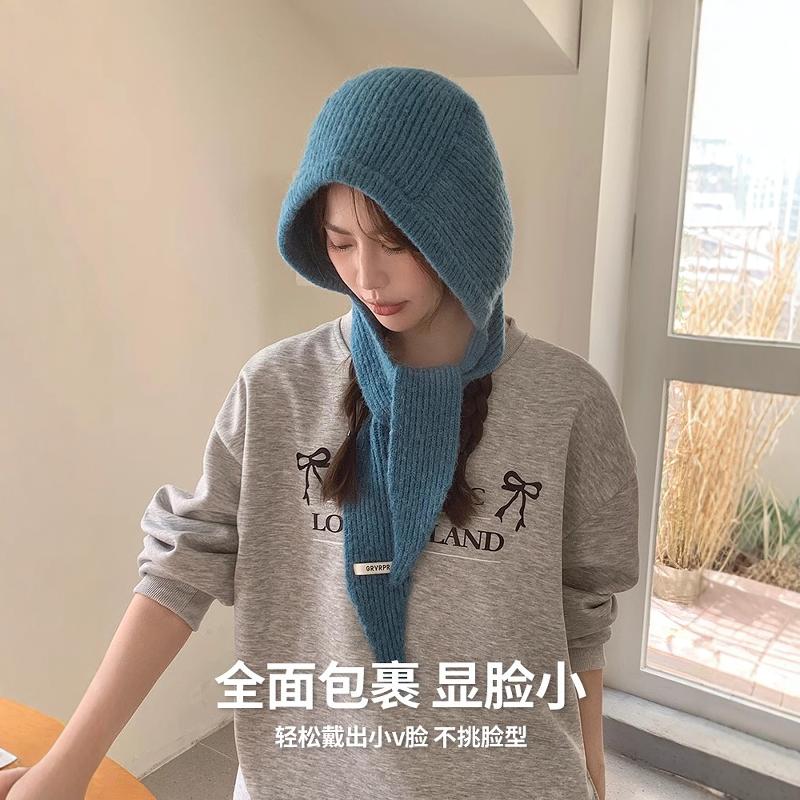 Шапка-балаклава для женщин, для маленького лица на осень и зиму, ветрозащитная и теплая шапка, шарф и шея интегрированная шерстяная шапка, шапка с защитой ушей