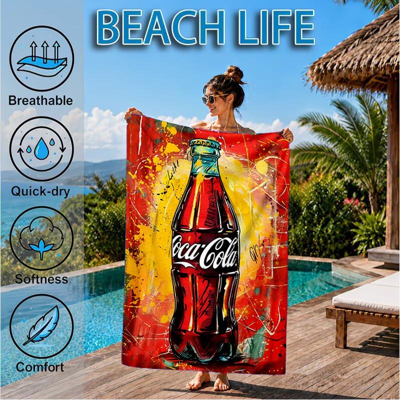 Пляжное полотенце Coca-cola с художественным дизайном, Быстросохнущее, Легкое в уходе, Подходит как для занятий фитнесом, так и для пляжного отдыха, Спортивный незаменимый аксессуар