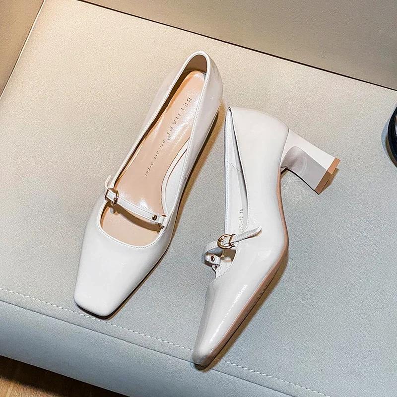 2024 Женская обувь Мэри Джейн Женские туфли-лодочки на высоком каблуке Женские туфли с квадратным носком на высоком толстом каблуке с ремешком на пряжке Женские