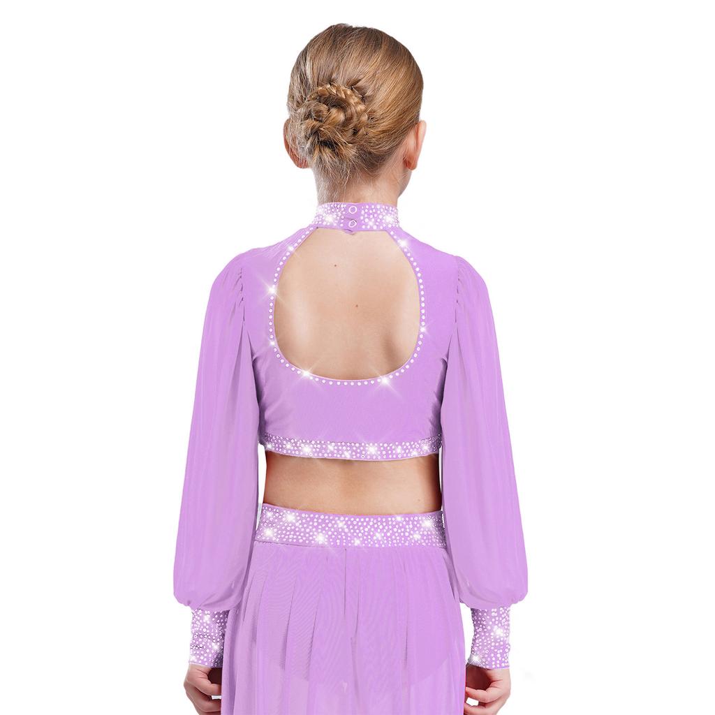 Девочки Сетчатый Танцевальный Топ с Длинным Рукавом, Воротником-стойкой, Вырезом на Спине и Стразами, Укороченный для Лирического Балета