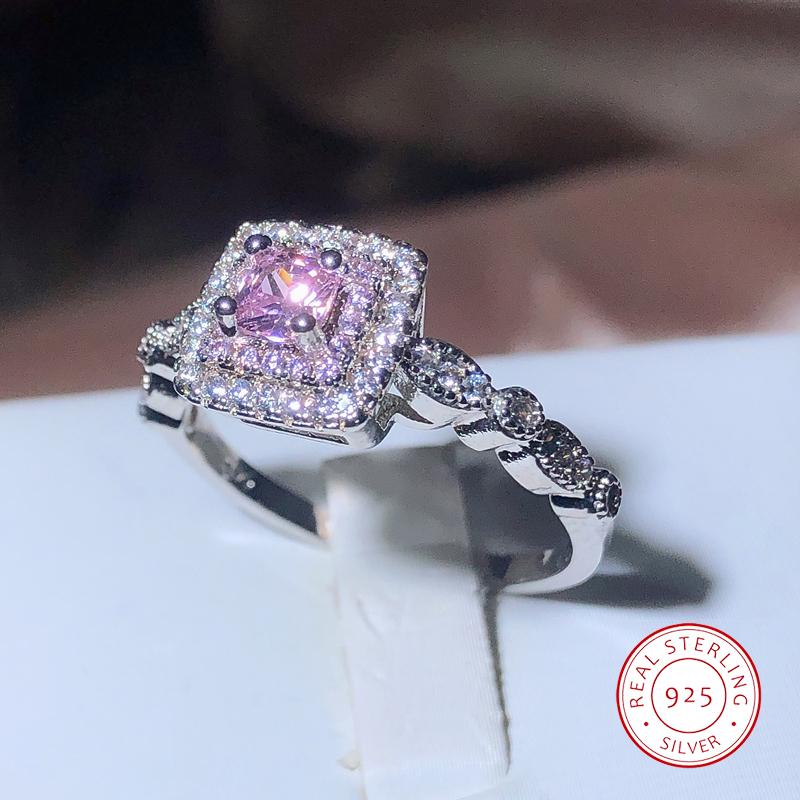 New Square Big Pink AAA Cubic Zircon Rings For Women 925 Silver Trendy Party Engagement Wedding Jewelry Geometric Zircon Ring