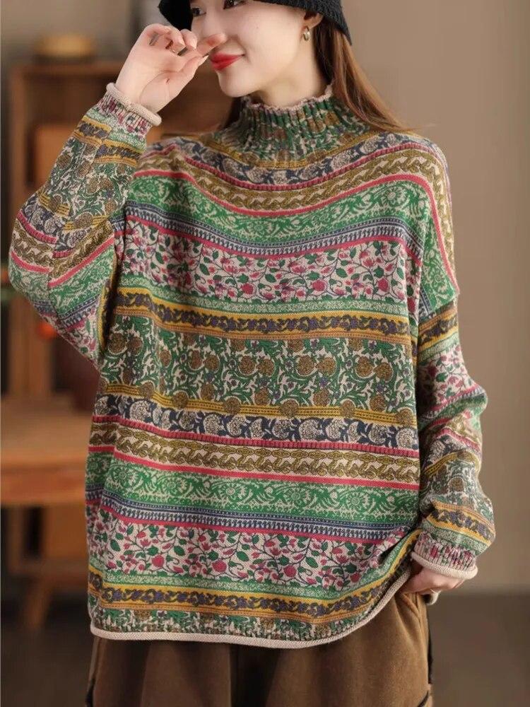 Johnature Women Pullover Vintage Sweaters Mock Neck Long Sleeve Spring Knitted Cotton Women Casual Soft Sweaters