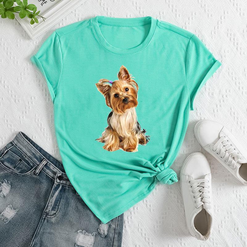 Летние женские свободные футболки с круглым вырезом и принтом собаки из чистого хлопка с короткими рукавами для женщин
