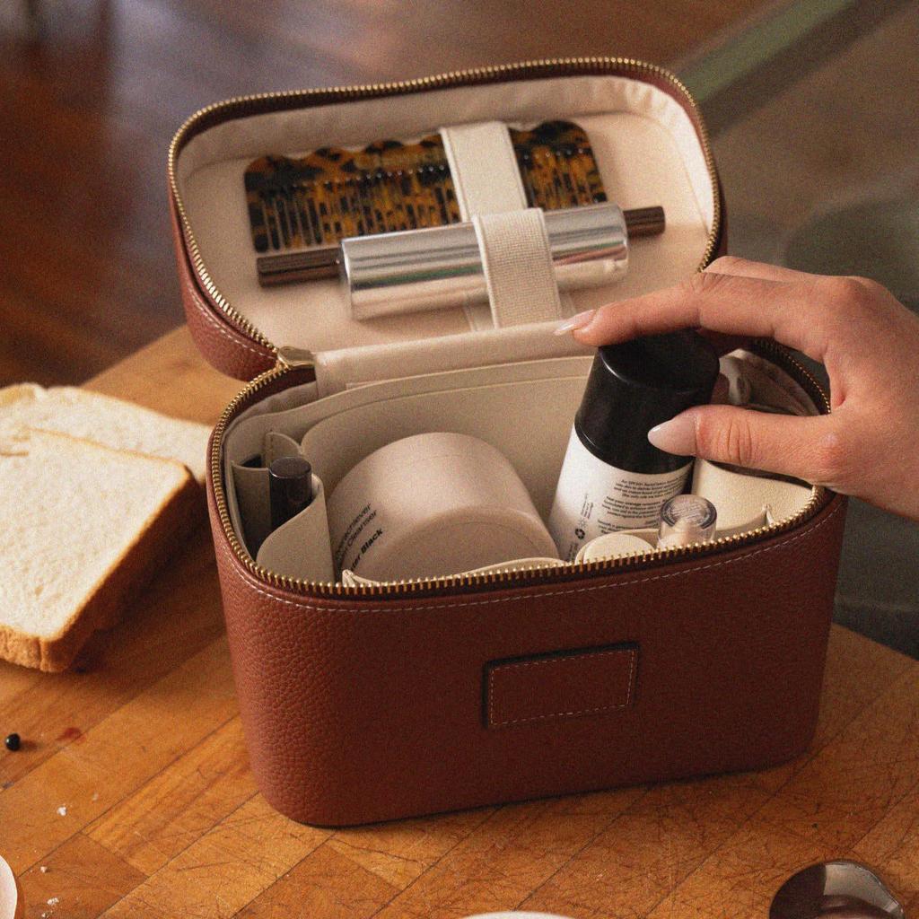 Portable Cross-Grain Leather Cosmetic Bag with Gold Hardware - Makeup and Skincare Travel Organizer