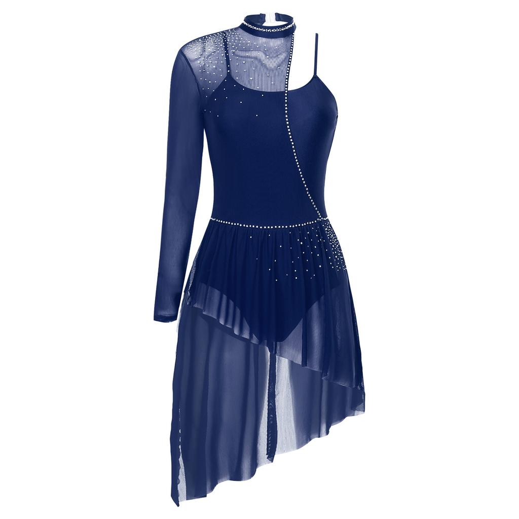 Womens Asymmetrical Lyrical Dancewear Long Sleeve Spaghetti Straps Patchwork Irregular Hem Dresses