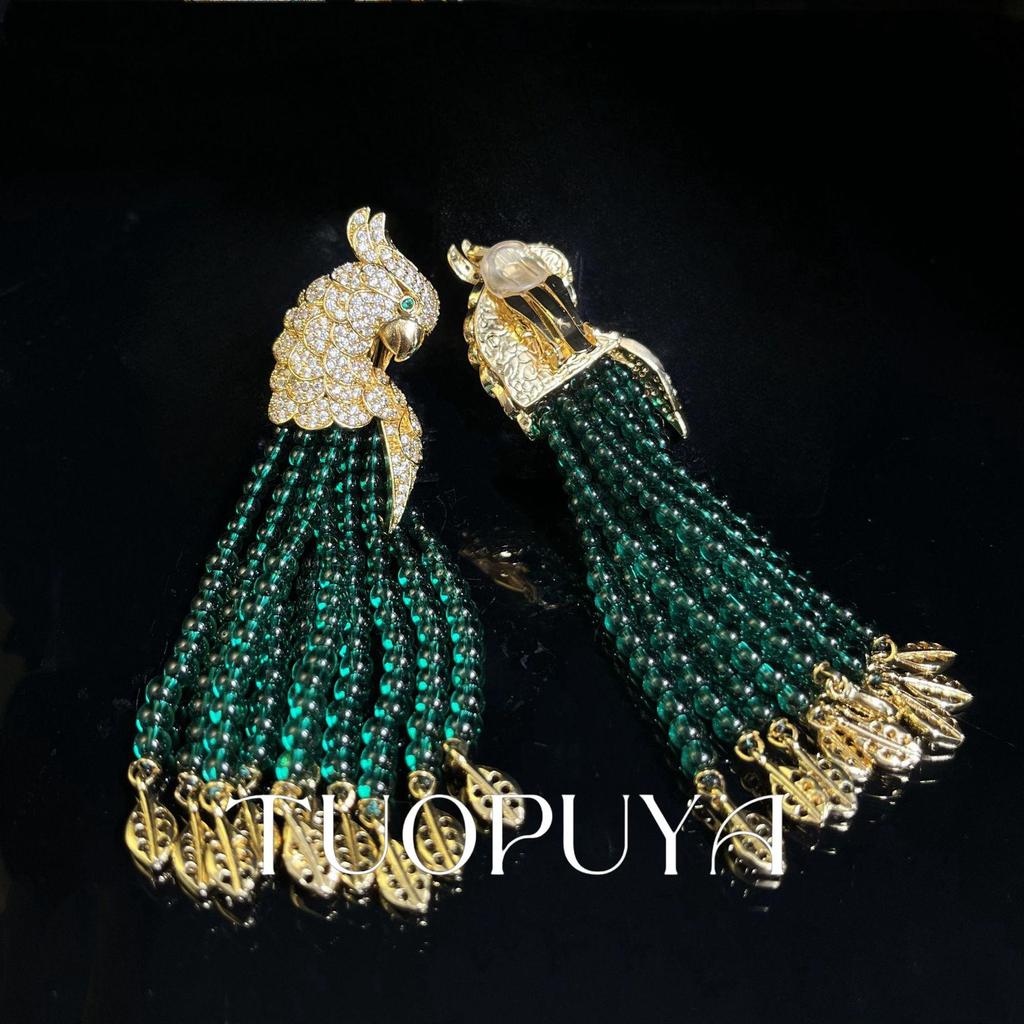 Vintage Zircon Parrot Earrings with Red Tassels and Detailed Craftsmanship