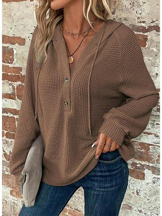 Женская толстовка с капюшоном из вафельной ткани с V-образным вырезом и пуговицами на завязках, с длинным рукавом