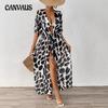 Women's Baggy Bat Sleeve Strap Waistline Leopard Mesh Beach Bikini Cardigan Smock