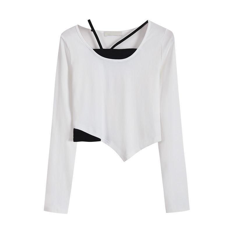 Необычный дизайн футболки, женский топ с длинными рукавами и шейным ремешком, тонкий, тонкий, в стиле пэчворк, искусственный комплект из двух предметов, яркое лето