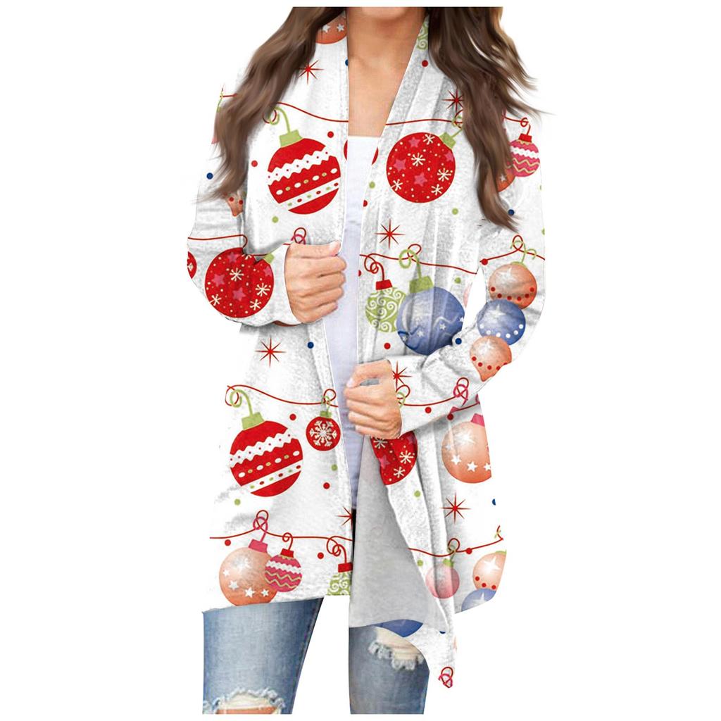Women's Fashion Casual Christmas Print Medium Length Cardigan Jacket Coat