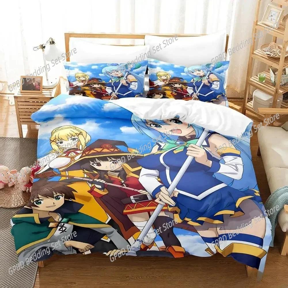 Милый Кавайный Набор Постельного Белья с Персонажами Аниме Konosuba Для Спальни Мягкое Современное Покрывало Удобное Пододеяльник Чехол На Одеяло и Наволочка