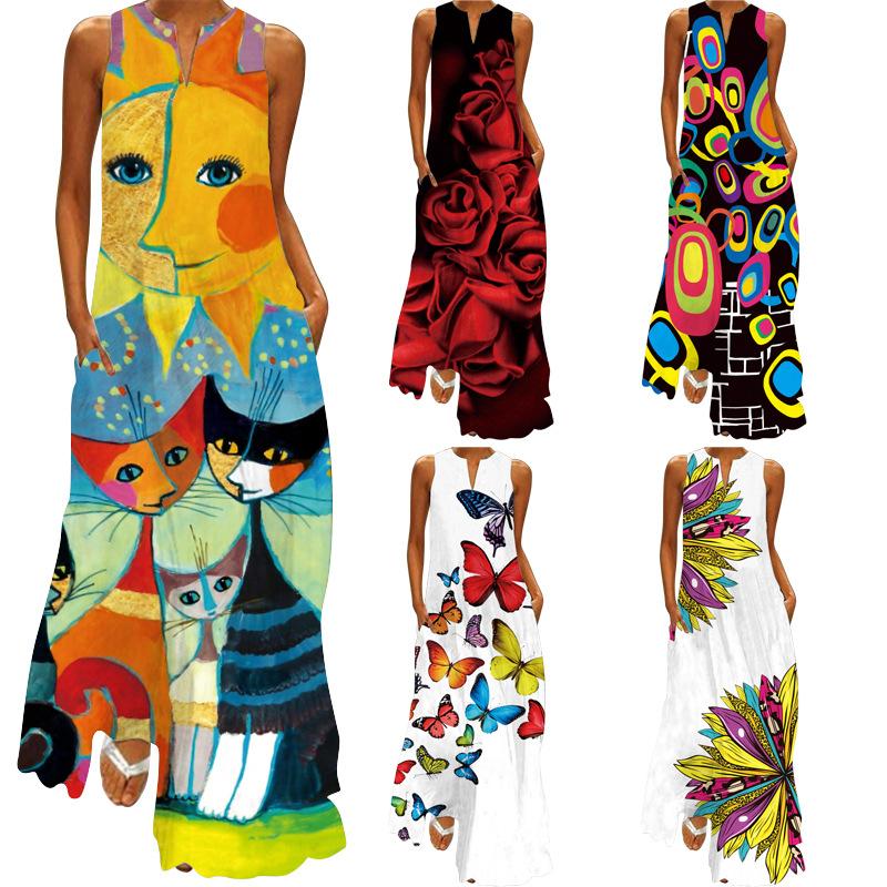2026 new summer women's sleeveless long dress v-neck printed retro dress European and American women's clothing
