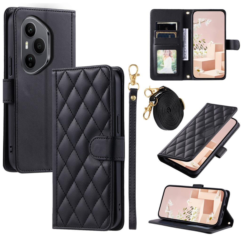 For Honor 400 Pro 5G (Global) Case Wallet Rhombus Grid PU Leather Phone Cover with Shoulder Strap/Wrist Strap