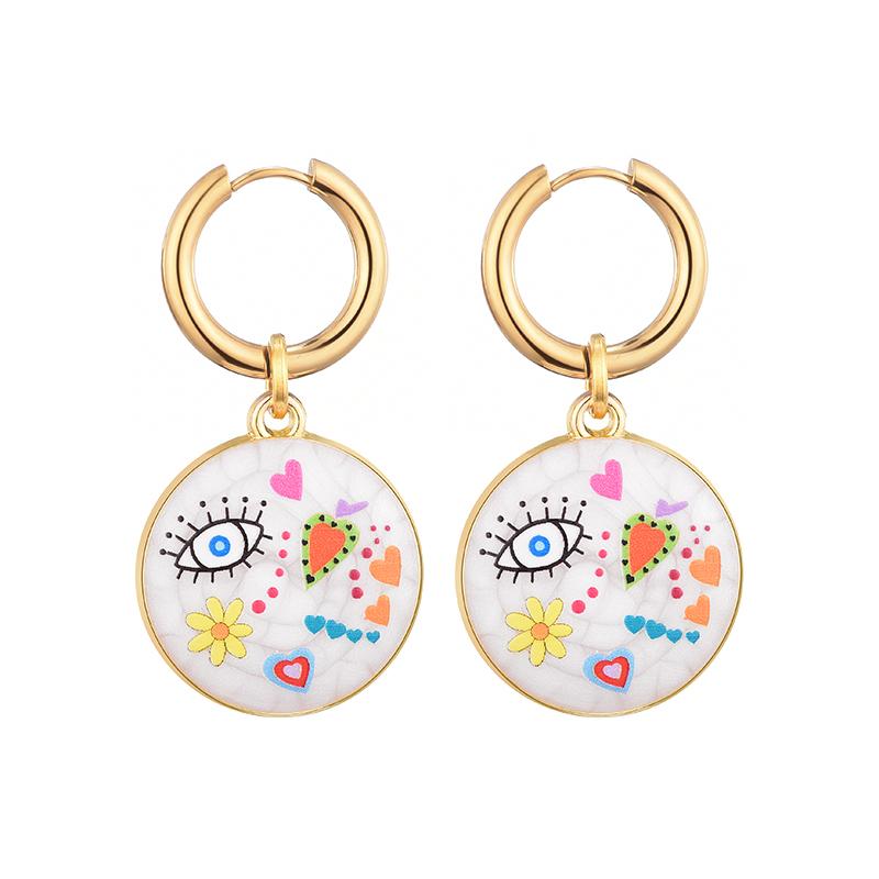 Cute Round Eye Flower Smile Star Heart Pattern Stainless Steel Hoop Earrings For Women Vintage Enamel Gold Color Female Jewelry