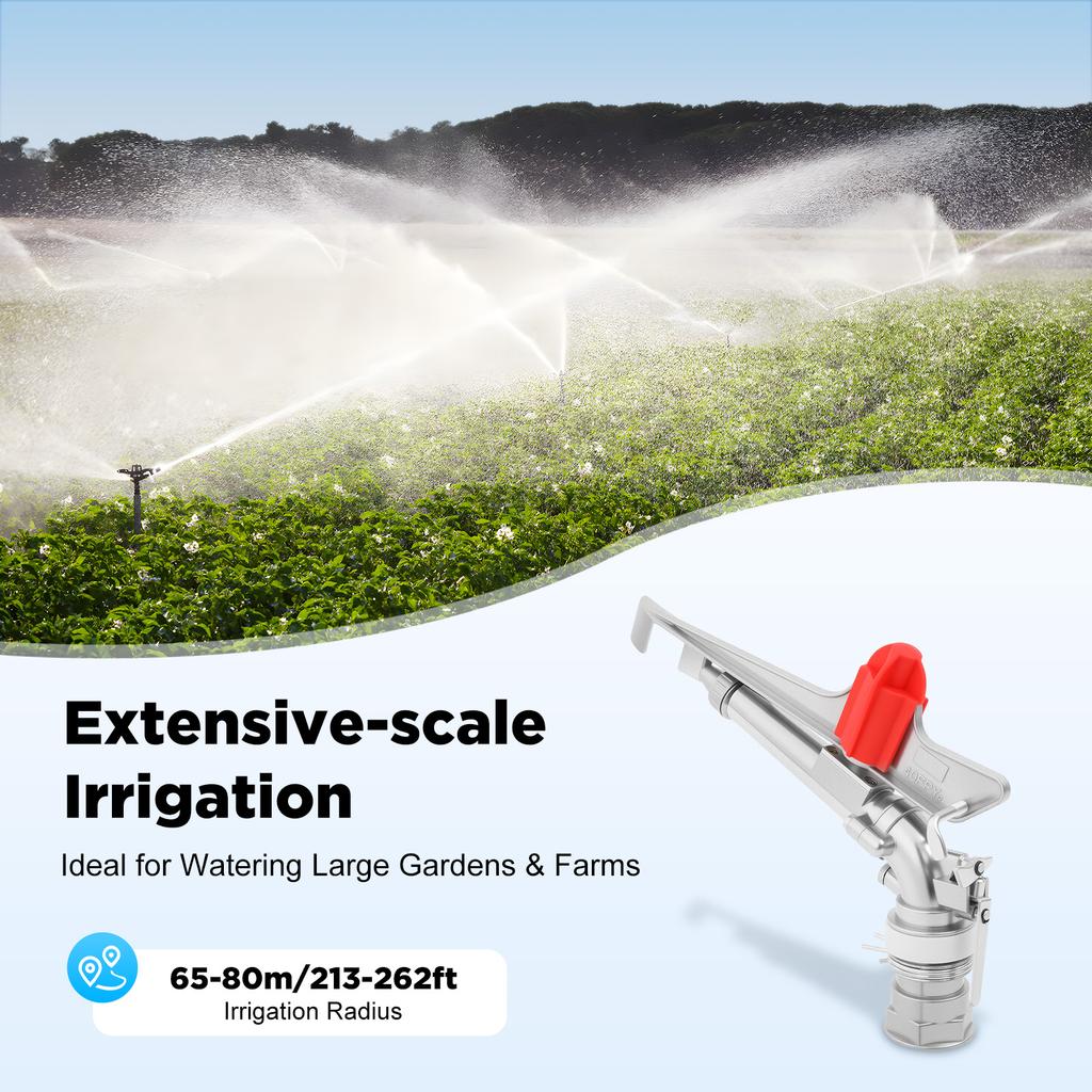 Регулируемая спринклерная пушка для полива, 360° вращающийся распылитель воды для газона, дальность 80 м, корпус из цинкового сплава, для фермерского сада газона