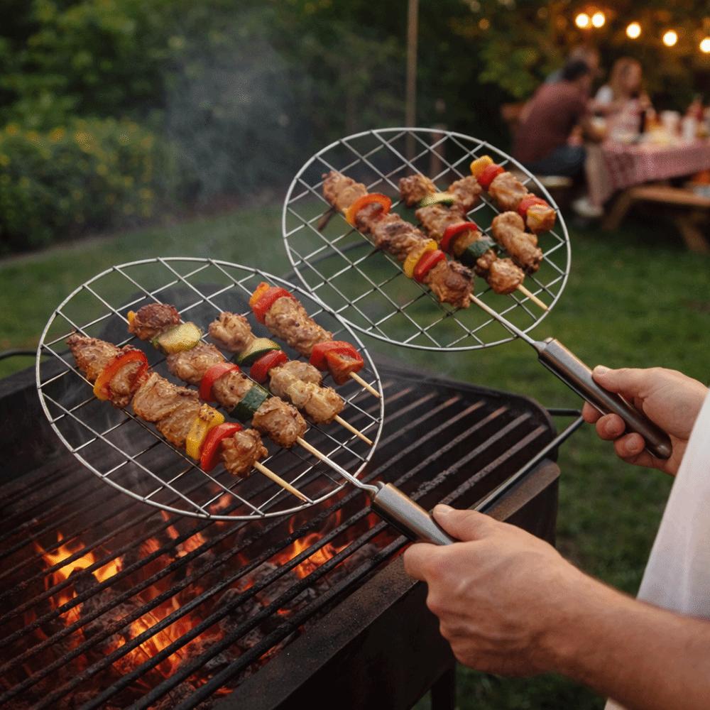 Решетка для жарки Нержавеющая сталь Сетка для гриля BBQ Круглая с ручкой Сетка для барбекю Многофункциональная Антипригарная Проволочная жаровня Для готовки на открытом воздухе