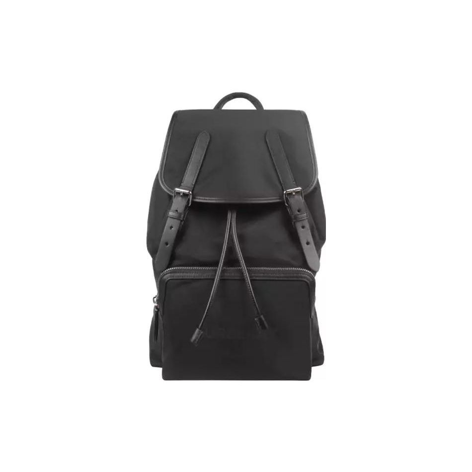 Burberry Black Nylon Drawstring Backpack With Leather Trim & Front Pocket For Daily Use