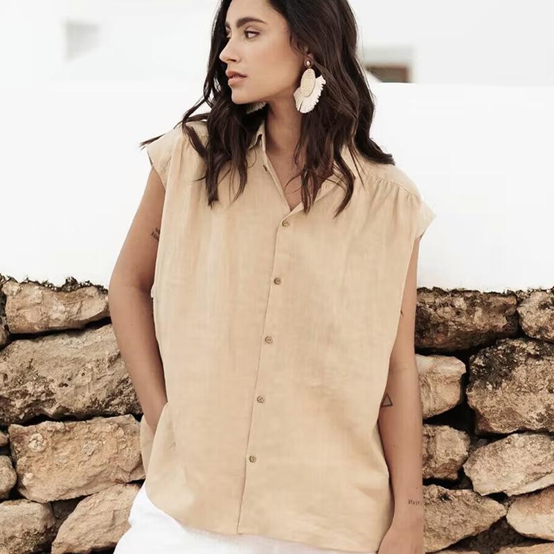 Летняя женская рубашка из хлопка и льна, простая повседневная однотонная блузка без рукавов