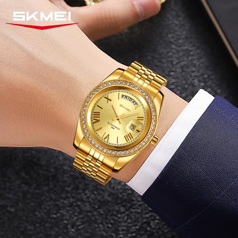 SKMEI 9419 Fashion Men's Quartz Watch Gold Stainless Steel Strap Calendar Luxury Watch Business Men's Watch Relgios Masculino