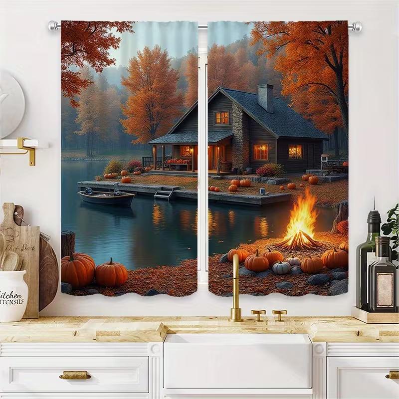 2 шт. Шторы с принтом озерного пейзажа, подходят для декора спальни, гостиной, кухни, декора дома, декора окна