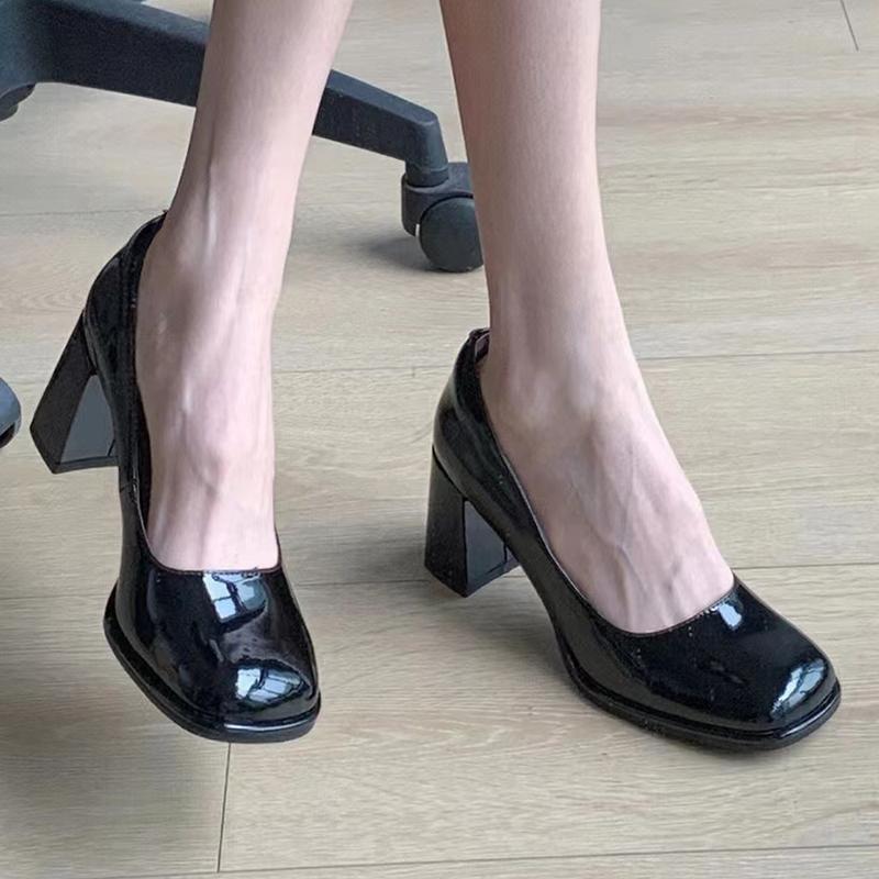 Туфли-лодочки женские из лакированной кожи Lucyever 2024 Elegan Office Black High Heels Shoes Woman Shallow Mouth Square Toe Pumps Female