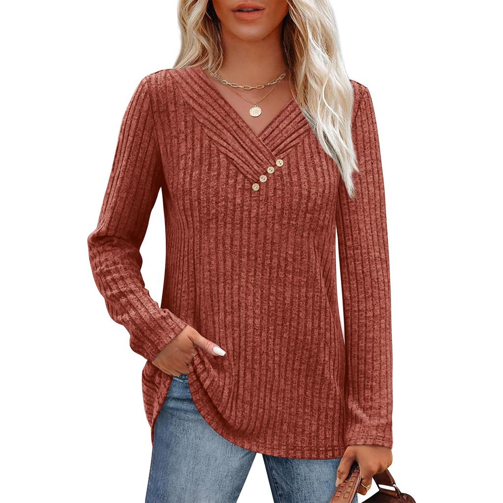 Women Long Sleeve Shirts V Neck Tops With Buttons Fall Fashion Outfits Winter Sweaters