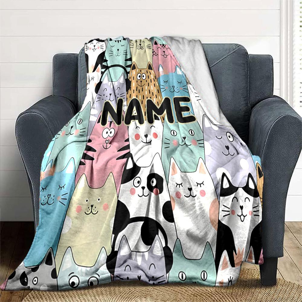 Cute Cat Pattern With Colorful And Playful Designs Multipurpose Customizable Blanket Customize Text Warmthful Decor Versatile For Sofa Couch Office