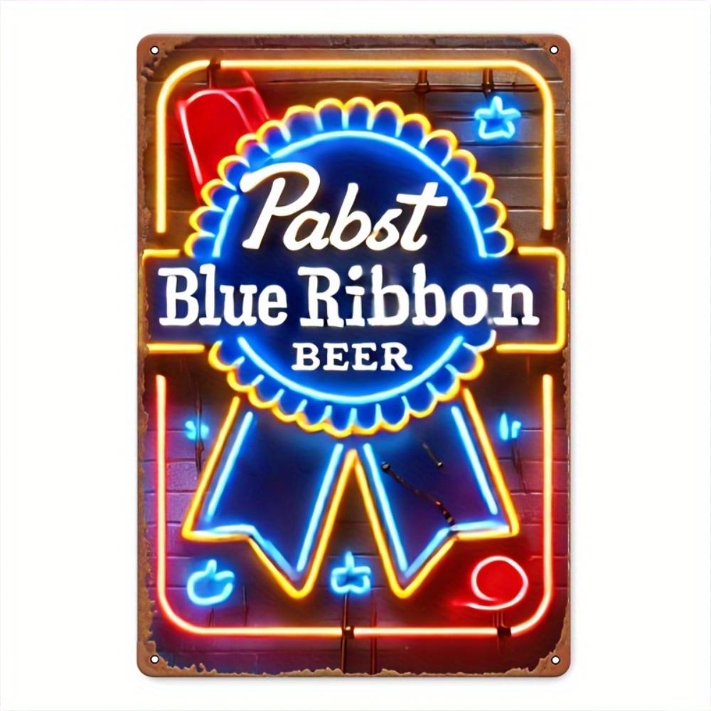 Винтажная неоновая вывеска пива Pabst Blue Ribbon Ретро металлический настенный декор с 2D неоновым эффектом Идеально для мужской пещеры, гаража, ностальгический декор