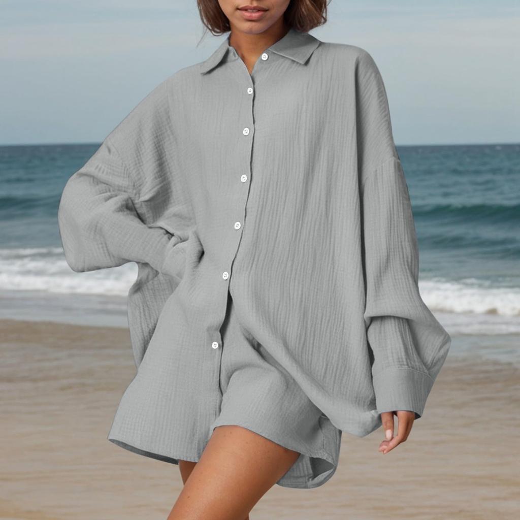 Women's Fashion Cardigan Solid Color Casual Pleated Long Sleeve Top Shorts Set