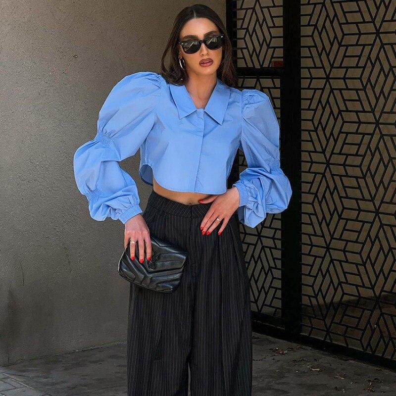 Хлопковая белая блузка с пышными рукавами, женская модная осенняя свободная женская рубашка, однотонные тонкие свободные короткие топы Feamel Одежда Blusas 28681