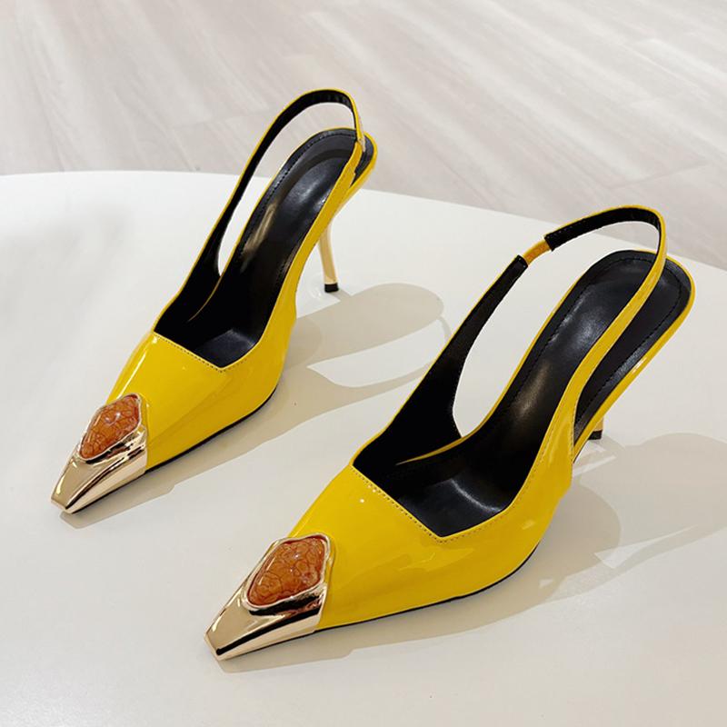 Liyke Lemon Yellow Patent Leather Stiletto Sandals Women Pumps Inlay Gems Pointed Toe Strange High Heels Wedding Banquet Shoes