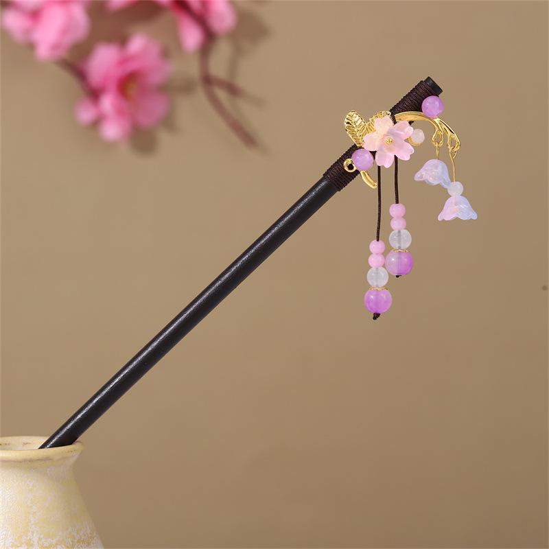 Деревянная шпилька для волос в старинном стиле с зеленой и золотой кисточкой, цветочными и бисерными акцентами для костюма ханьфу